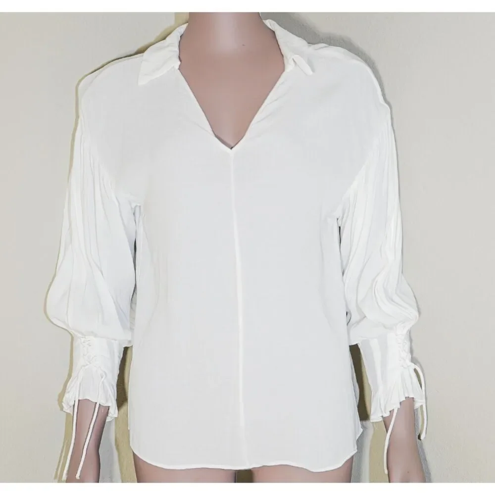 Zara White Blouse Medium Puff Sleeve Tie Cuff V Neck Top